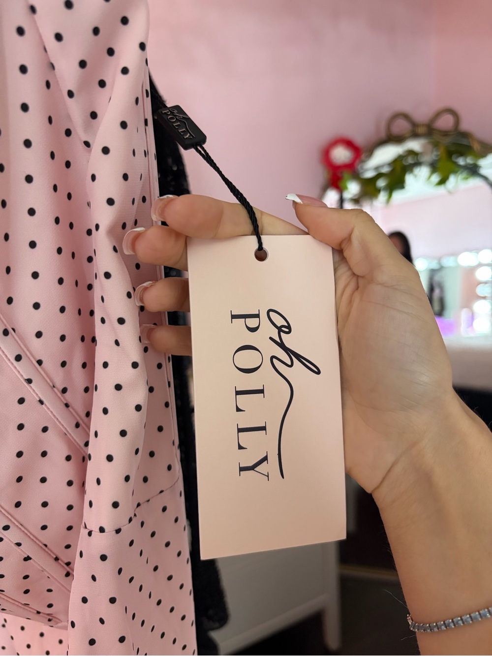 Oh Polly - Valentina Pink Polka Dot Corset Midi Dress with Black Straps - Picture 2 of 3